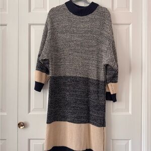 Callahan Knitwear ~ Navy, Gray & Cream —Ribbed Knit Sweater Dress